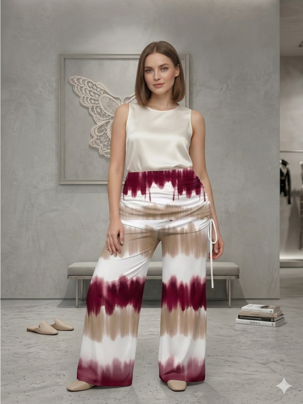New Tie-Dye Wide Leg Lounge Pants - Adjustable Side Ruched Detail new size med